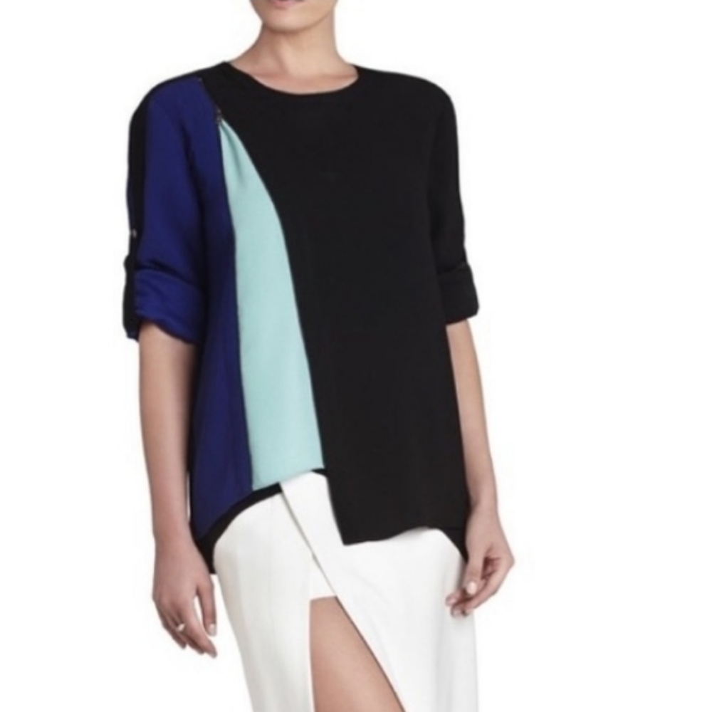 NEW BCBGMAXAZRIA Versatile Blue-Aqua-Black Zip Blouse XS 3/4 Sleeve